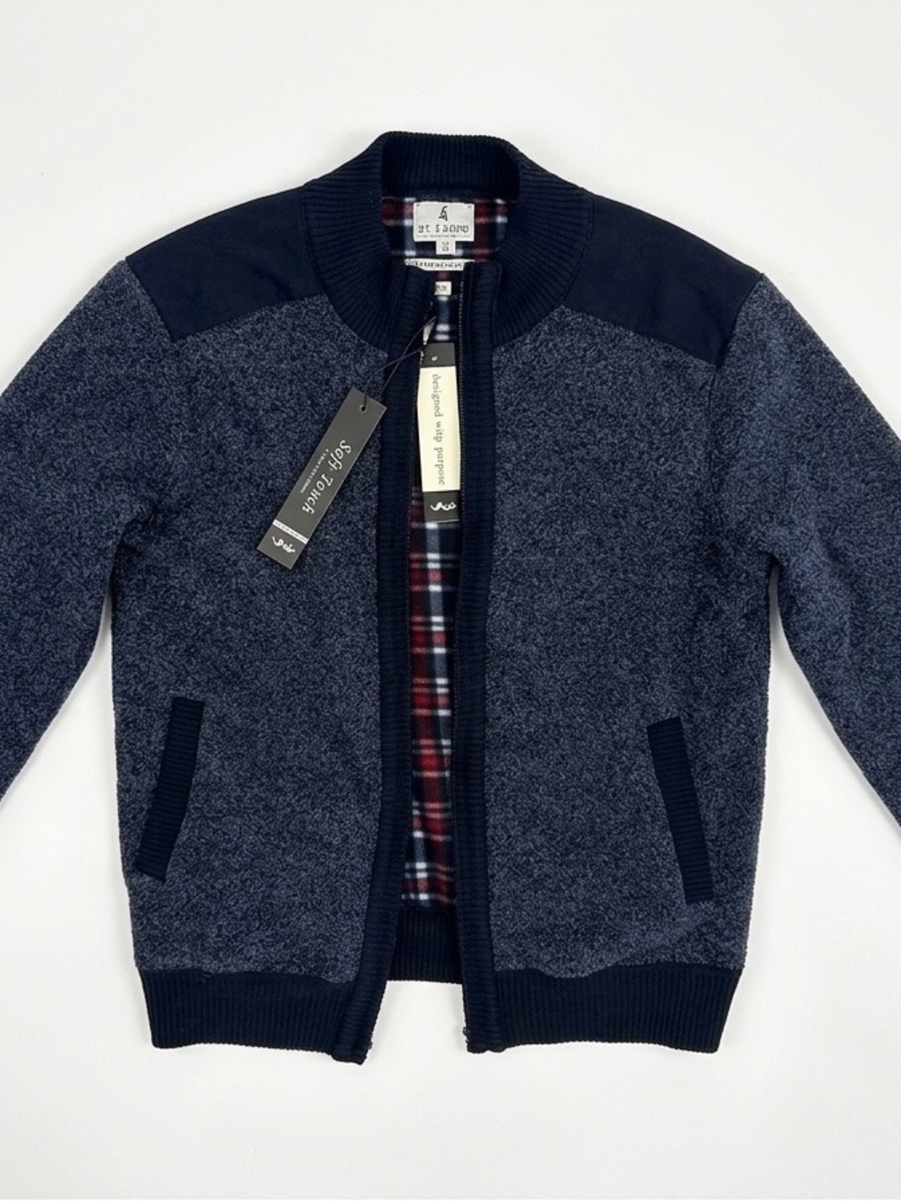 Men's Full-Zip Heather Navy Sweater Jacket with Plaid Lining